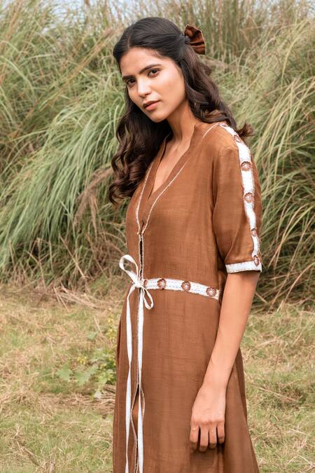 Kushani Brown Linen, Silk Beads V-neck Mocha Floral Embroidered Dress Online at Aza Fashions Kushani_Brown Linen, Silk Beads V-neck Mocha Floral Embroidered Dress _Online_at_Aza_Fashions