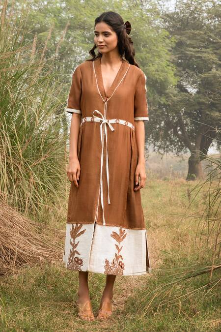 Buy Kushani Brown Linen, Silk Beads V-neck Mocha Floral Embroidered Dress Online at Aza Fashions Buy_Kushani_Brown Linen, Silk Beads V-neck Mocha Floral Embroidered Dress _Online_at_Aza_Fashions