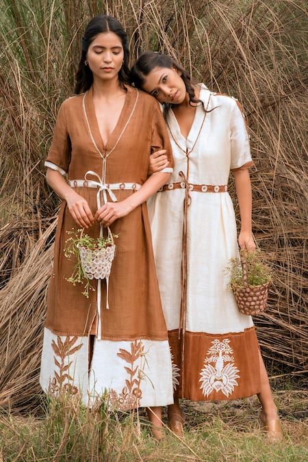Shop Kushani Brown Linen, Silk Beads V-neck Mocha Floral Embroidered Dress Online at Aza Fashions Shop_Kushani_Brown Linen, Silk Beads V-neck Mocha Floral Embroidered Dress _Online_at_Aza_Fashions