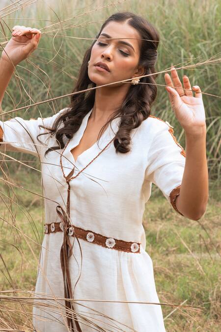 Kushani_Ivory Linen, Silk Tassels, Embroidery V-neck Floral Dress _Online_at_Aza_Fashions