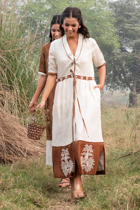 Shop_Kushani_Ivory Linen, Silk Tassels, Embroidery V-neck Floral Dress _Online_at_Aza_Fashions