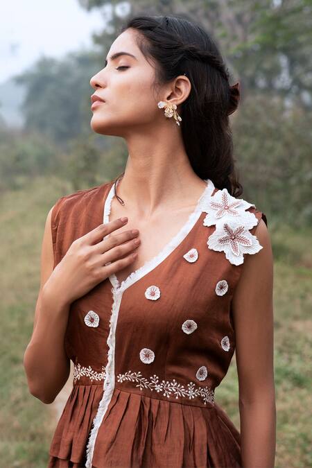 Kushani_Brown Satin, Linen Beads, Lace V-neck Mocha Peplum Top And Palazzo Set _Online_at_Aza_Fashions
