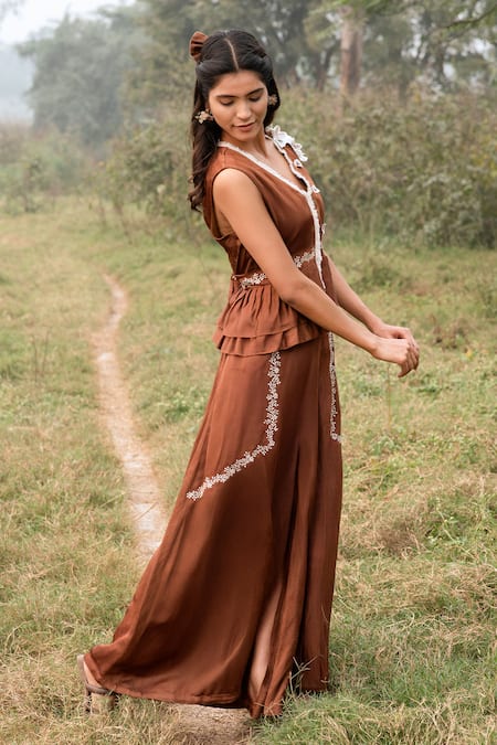Buy_Kushani_Brown Satin, Linen Beads, Lace V-neck Mocha Peplum Top And Palazzo Set _Online_at_Aza_Fashions
