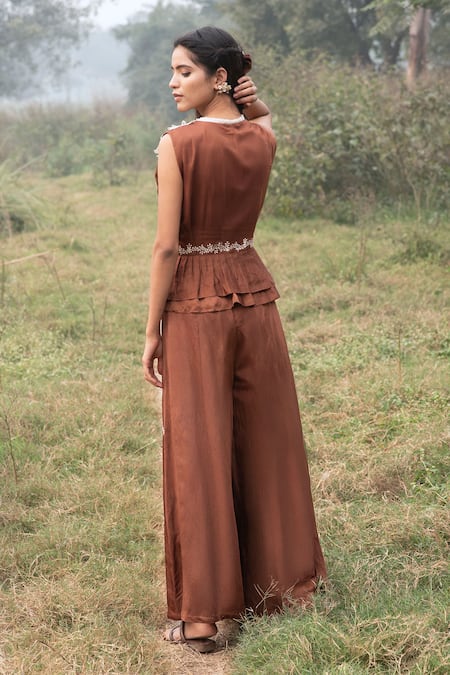 Kushani Mocha Brown Peplum Top & Palazzo Set 