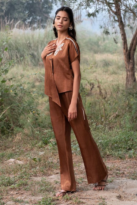Shop_Kushani_Brown Satin, Linen Beads, Lace V-neck Mocha Peplum Top And Palazzo Set _Online_at_Aza_Fashions