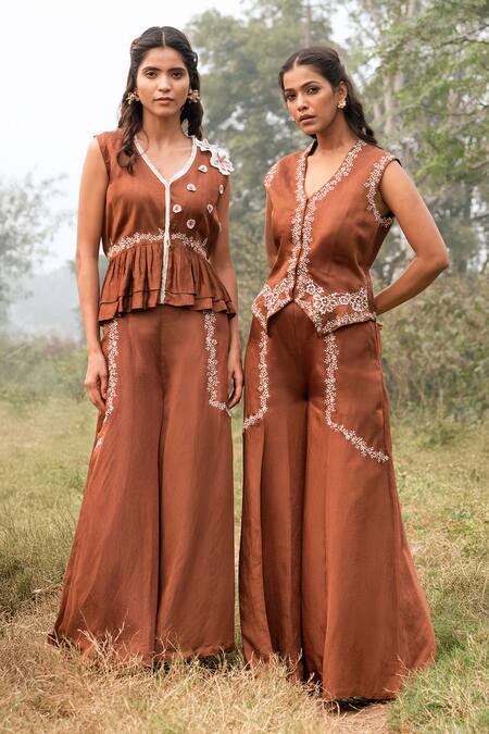 Kushani_Brown Satin, Linen Beads, Lace V-neck Mocha Peplum Top And Palazzo Set _at_Aza_Fashions