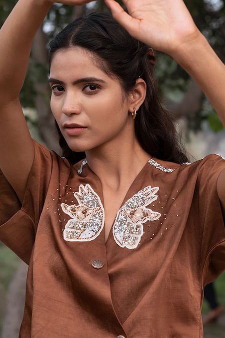 Kushani_Brown Satin Embroidery, Beads V-neck Mocha Butterfly Wrap Top And Trousers _Online_at_Aza_Fashions