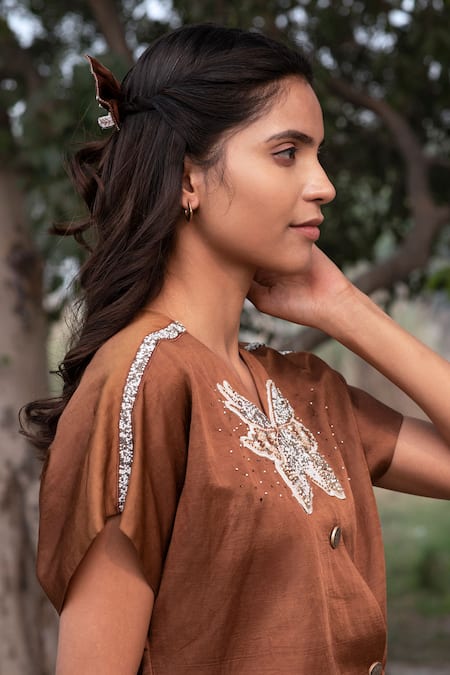 Buy_Kushani_Brown Satin Embroidery, Beads V-neck Mocha Butterfly Wrap Top And Trousers _Online_at_Aza_Fashions