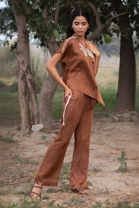 Shop_Kushani_Brown Satin Embroidery, Beads V-neck Mocha Butterfly Wrap Top And Trousers _Online_at_Aza_Fashions