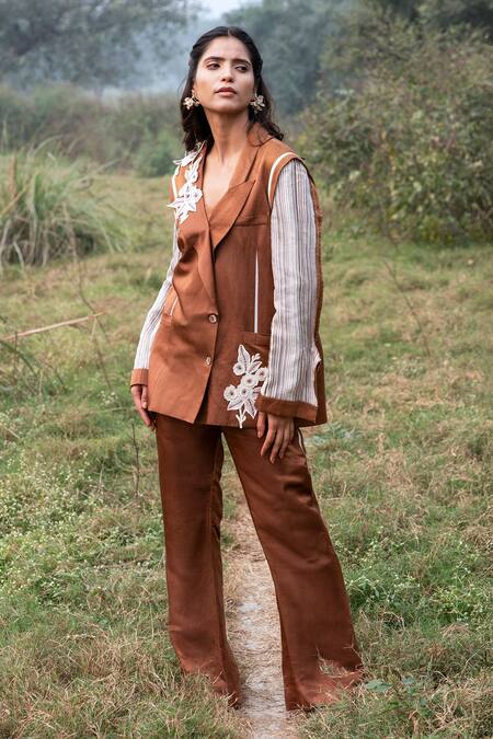 Buy Kushani Brown Satin, Linen Applique, Beads Mocha Floral Embroidered Blazer Set Online at Aza Fashions Buy_Kushani_Brown Satin, Linen Applique, Beads Mocha Floral Embroidered Blazer Set _Online_at_Aza_Fashions