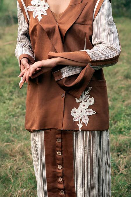 Kushani Brown Satin, Linen, Cotton Embroidery, Beads Mocha Floral Blazer And Skirt Online at Aza Fashions Kushani_Brown Satin, Linen, Cotton Embroidery, Beads Mocha Floral Blazer And Skirt _Online_at_Aza_Fashions