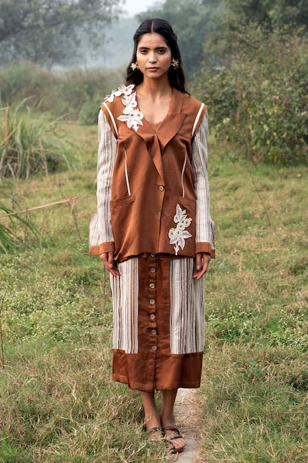 Kushani Mocha Brown Floral Embroidered Blazer & Skirt 