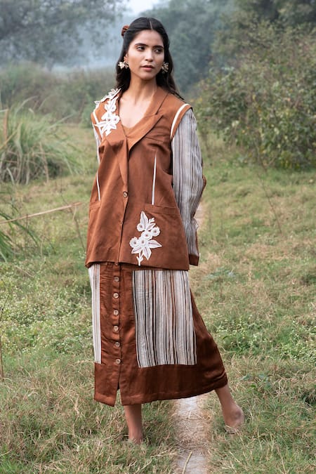 Kushani Brown Satin, Linen, Cotton Embroidery, Beads Mocha Floral Blazer And Skirt