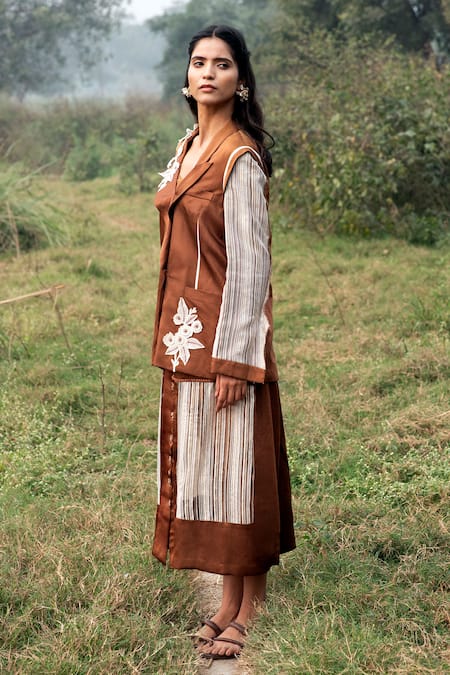 Buy Kushani Brown Satin, Linen, Cotton Embroidery, Beads Mocha Floral Blazer And Skirt Online at Aza Fashions Buy_Kushani_Brown Satin, Linen, Cotton Embroidery, Beads Mocha Floral Blazer And Skirt _Online_at_Aza_Fashions