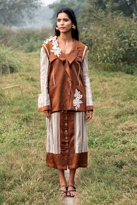 Shop Kushani Brown Satin, Linen, Cotton Embroidery, Beads Mocha Floral Blazer And Skirt Online at Aza Fashions Shop_Kushani_Brown Satin, Linen, Cotton Embroidery, Beads Mocha Floral Blazer And Skirt _Online_at_Aza_Fashions