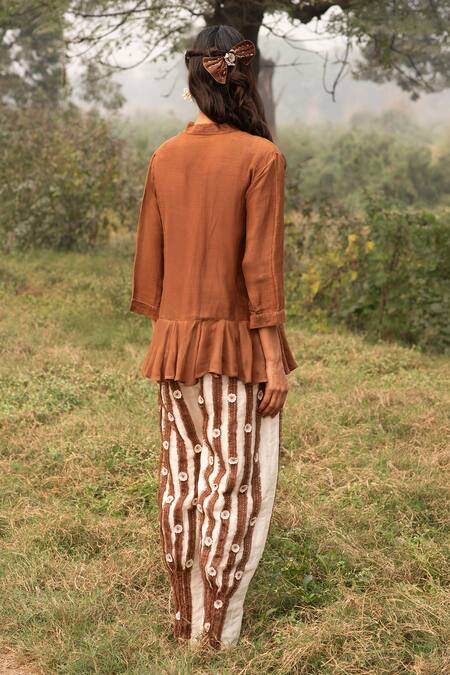 Kushani Mocha Brown Floral Tunic & Ivory Pant Set 