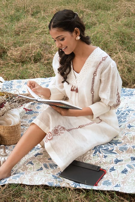 Shop_Kushani_Ivory Linen, Silk Embroidery, Beads, Tassels V-neck Midi Dress _Online_at_Aza_Fashions