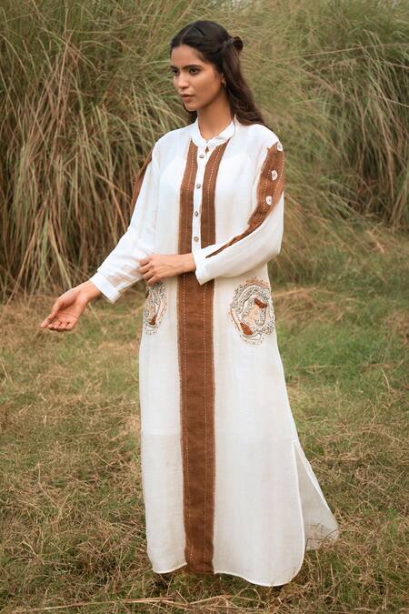Buy_Kushani_Ivory Linen, Silk Beads, Tassels Button-down Neck Harmony Whispers Dress _Online_at_Aza_Fashions