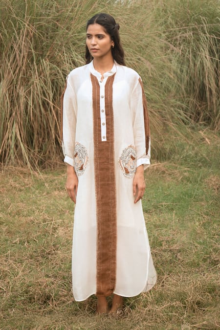 Kushani_Ivory Linen, Silk Beads, Tassels Button-down Neck Harmony Whispers Dress _at_Aza_Fashions