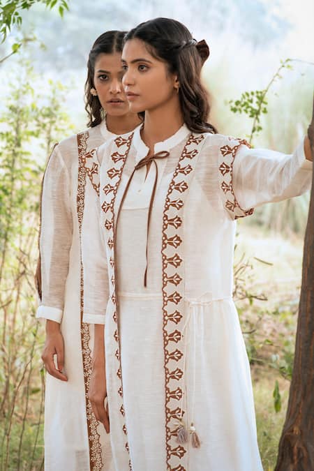 Kushani_Ivory Linen, Silk Beads, Tassels Open Neck Embroidered Dress _Online_at_Aza_Fashions