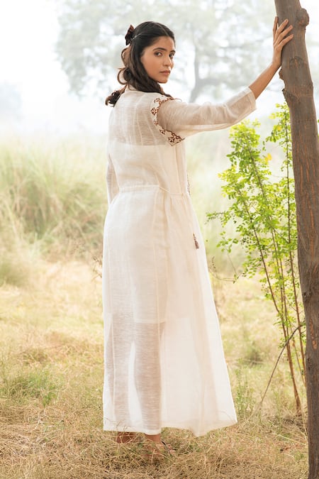 Kushani Ivory Embroidered Linen Silk Dress 