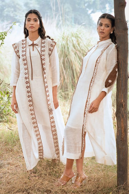 Kushani_Ivory Linen, Silk Beads, Tassels Open Neck Embroidered Dress _at_Aza_Fashions