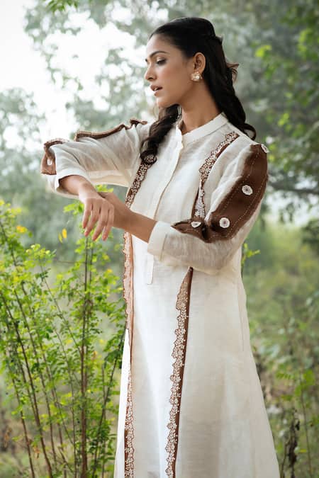 Kushani_Ivory Linen, Silk Beads, Tassels Collared Embroidered Kurta-style Dress _Online_at_Aza_Fashions