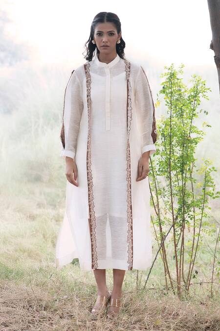 Shop_Kushani_Ivory Linen, Silk Beads, Tassels Collared Embroidered Kurta-style Dress _Online_at_Aza_Fashions