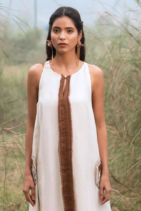 Kushani_Ivory Linen, Silk Beads, Tassels, Embroidery High High-neck Applique Maxi Dress _Online_at_Aza_Fashions