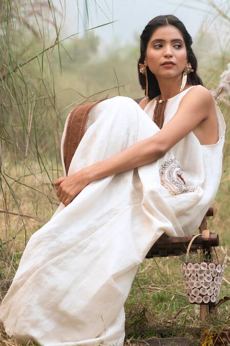 Buy_Kushani_Ivory Linen, Silk Beads, Tassels, Embroidery High High-neck Applique Maxi Dress _Online_at_Aza_Fashions