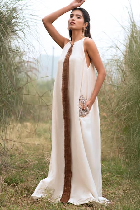 Kushani High-Neck Ivory Applique Maxi Dress 