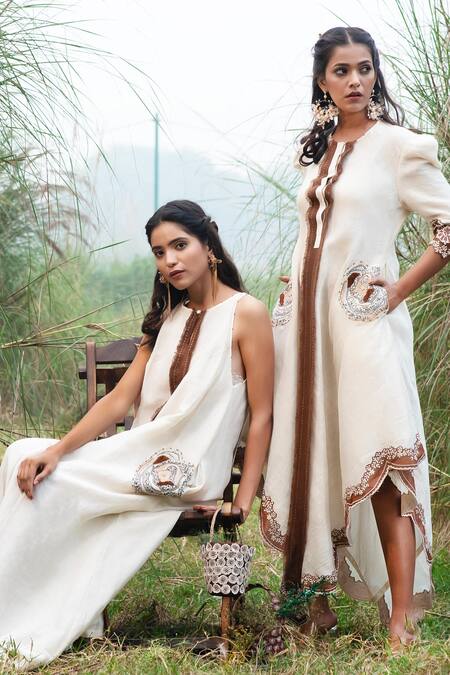 Shop_Kushani_Ivory Linen, Silk Beads, Tassels, Embroidery High High-neck Applique Maxi Dress _Online_at_Aza_Fashions