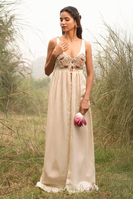 Buy_Kushani_Ivory Linen, Silk Beads Round Neck Beige Aplique Hand Embroidered Maxi Dress _Online_at_Aza_Fashions