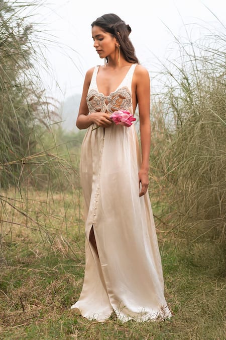 Shop_Kushani_Ivory Linen, Silk Beads Round Neck Beige Aplique Hand Embroidered Maxi Dress _Online_at_Aza_Fashions