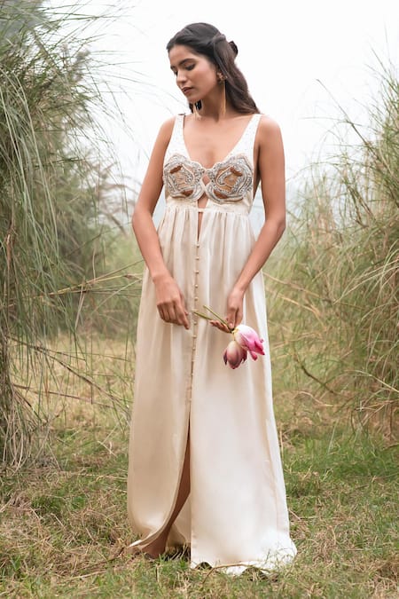 Kushani Ivory Linen, Silk Beads Round Neck Beige Aplique Hand Embroidered Maxi Dress