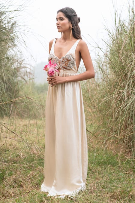 Kushani_Ivory Linen, Silk Beads Round Neck Beige Aplique Hand Embroidered Maxi Dress _at_Aza_Fashions