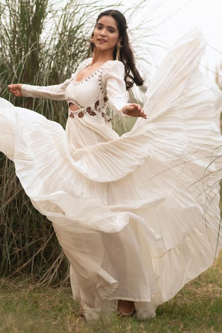 Kushani_Ivory Linen, Silk Beads, Tassels Round Neck Bohemian Tiered Dress _Online_at_Aza_Fashions