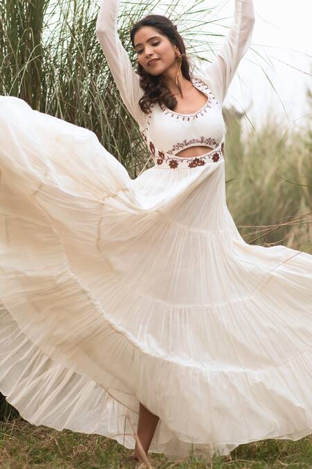 Buy_Kushani_Ivory Linen, Silk Beads, Tassels Round Neck Bohemian Tiered Dress _Online_at_Aza_Fashions