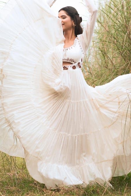 Shop_Kushani_Ivory Linen, Silk Beads, Tassels Round Neck Bohemian Tiered Dress _Online_at_Aza_Fashions