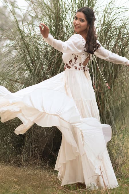 Buy_Kushani_Ivory Linen, Silk Beads, Tassels Round Neck Bohemian Tiered Dress 