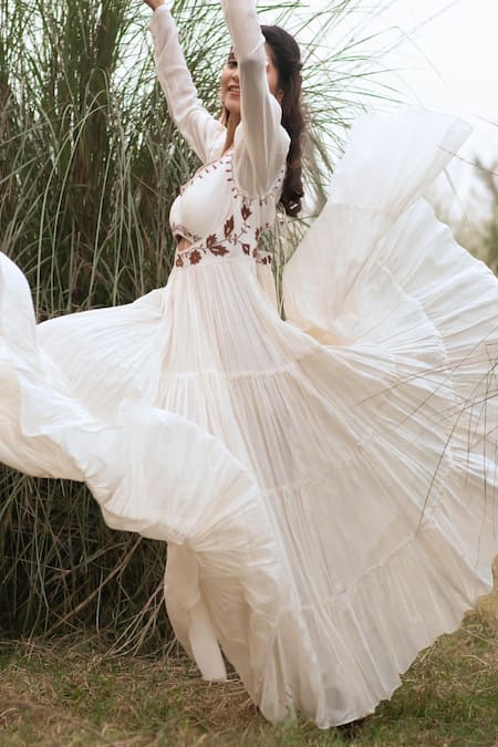 Shop_Kushani_Ivory Linen, Silk Beads, Tassels Round Neck Bohemian Tiered Dress 