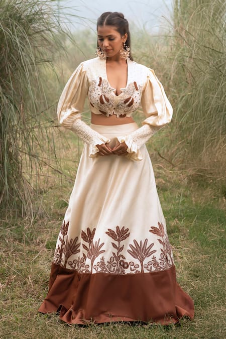 Kushani Ivory Satin, Linen Tassels, Beads Round Neck Floral Serenity Lehenga Set 