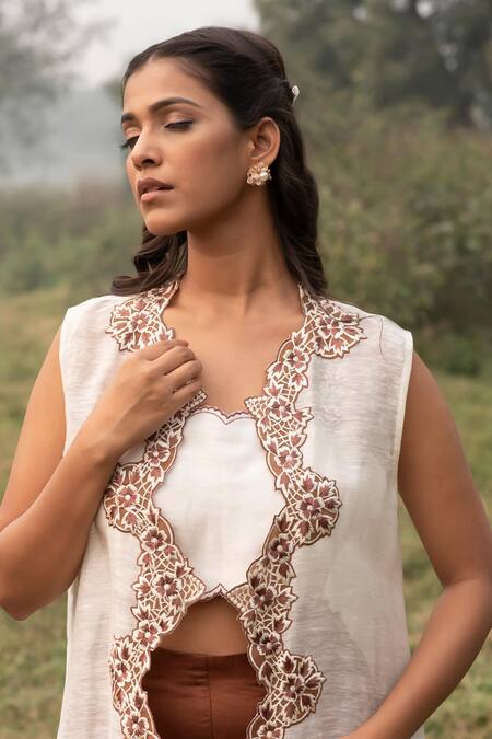Kushani_Ivory Linen, Silk, Satin Beads, Embroidery Round Cape And Mocha Brown Trouser Set _Online_at_Aza_Fashions