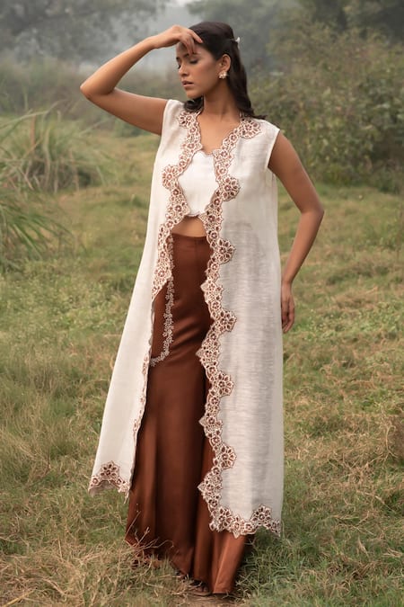 Buy_Kushani_Ivory Linen, Silk, Satin Beads, Embroidery Round Cape And Mocha Brown Trouser Set 