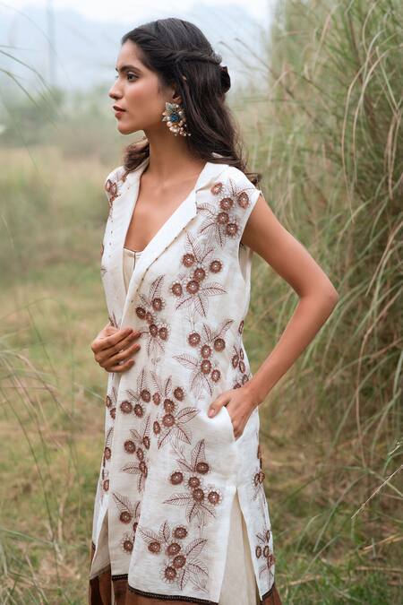 Kushani_Ivory Satin, Linen, Silk Lace, Earthy Petal Jacket And Sundance Whispers Dress _Online_at_Aza_Fashions