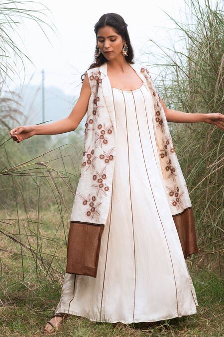Buy_Kushani_Ivory Satin, Linen, Silk Lace, Earthy Petal Jacket And Sundance Whispers Dress _Online_at_Aza_Fashions