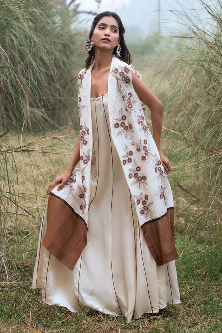Shop_Kushani_Ivory Satin, Linen, Silk Lace, Earthy Petal Jacket And Sundance Whispers Dress _Online_at_Aza_Fashions