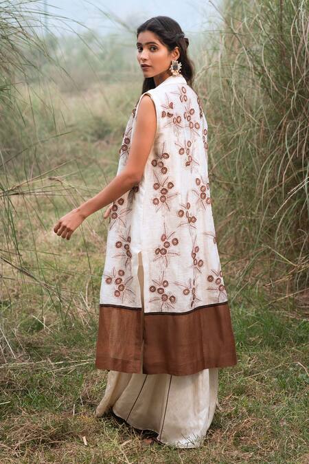 Kushani_Ivory Satin, Linen, Silk Lace, Earthy Petal Jacket And Sundance Whispers Dress _at_Aza_Fashions