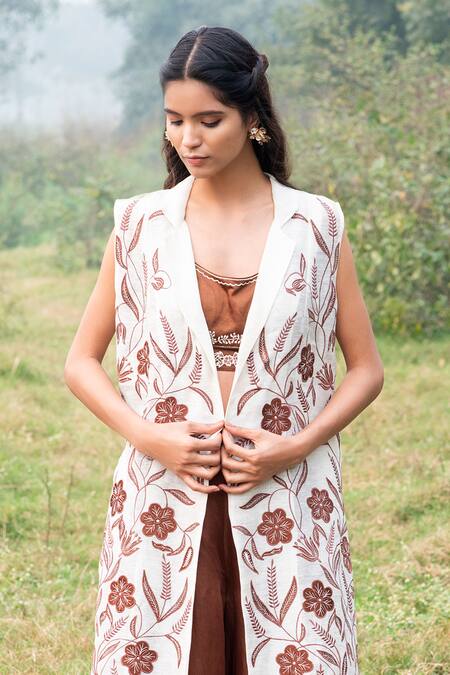 Kushani_Ivory Linen, Silk, Satin Embroidery, Beads Open Neck, Floral Applique Jacket Set _Online_at_Aza_Fashions