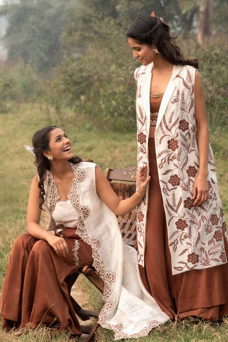 Buy_Kushani_Ivory Linen, Silk, Satin Embroidery, Beads Open Neck, Floral Applique Jacket Set _Online_at_Aza_Fashions